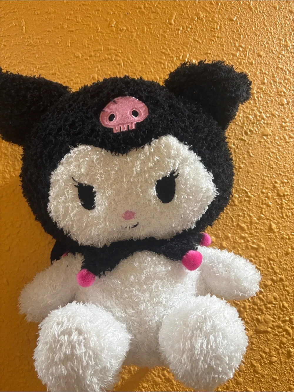 Plush Black & White Character Hooded Stuffed Toy with Pink Accents